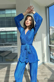 Saks Mavisi Piliseli Kuşaklı Bluz ve Pantolon Takım SY-0411-Saks Mavisi