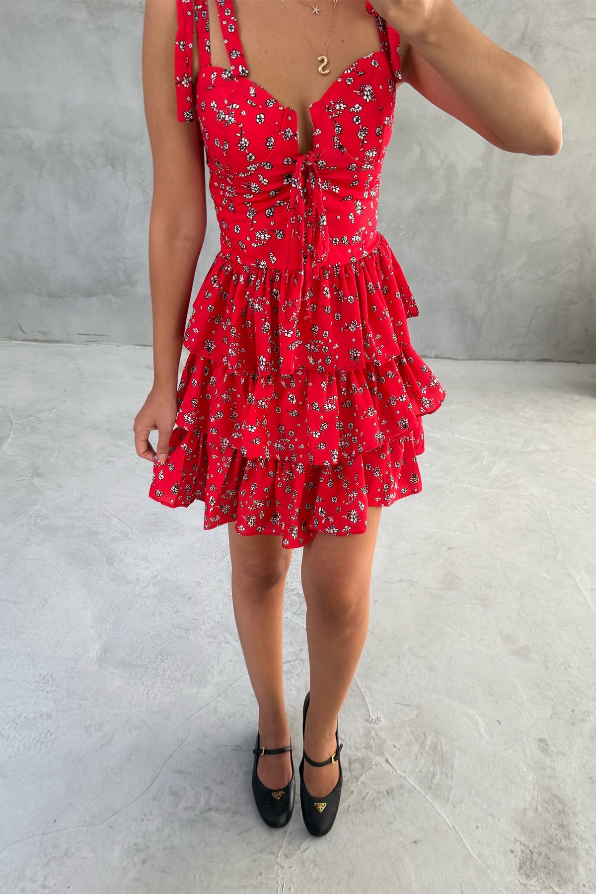 Kırmızı Çiçekli Fırfırlı Mini Elbise SY-0410-Kırmızı