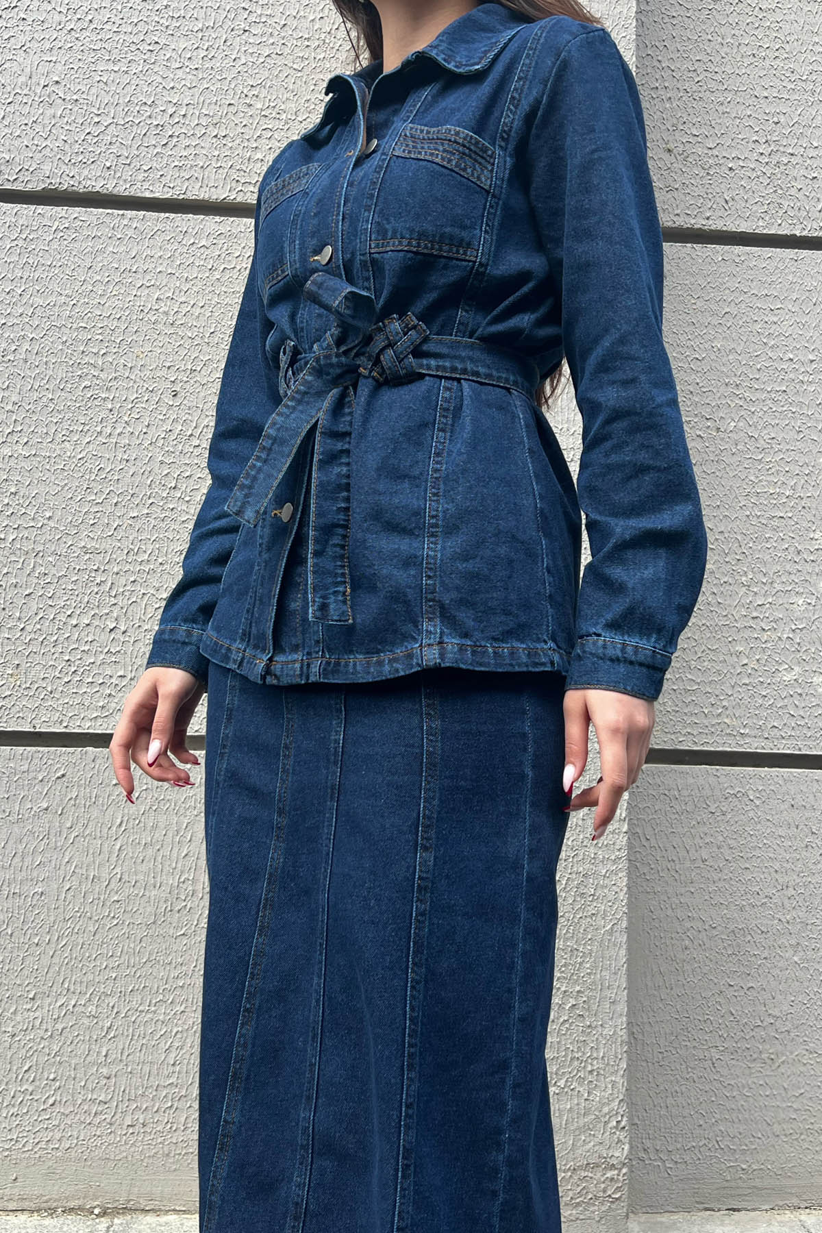 Koyu Lacivert Kemer Detaylı Etek Ceket Denim Takım SY-1574-Koyu Lacivert