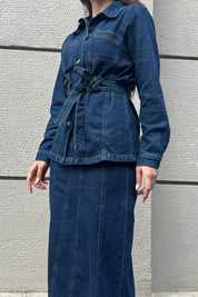 Koyu Lacivert Kemer Detaylı Etek Ceket Denim Takım SY-1574-Koyu Lacivert
