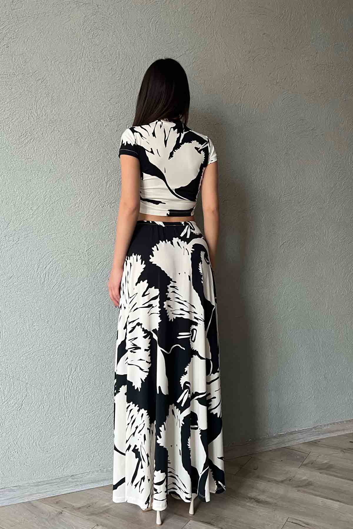 Bej Siyah Desenli Beli Lastikli Maxi Etek Bluz Takım SY-1833-Bej