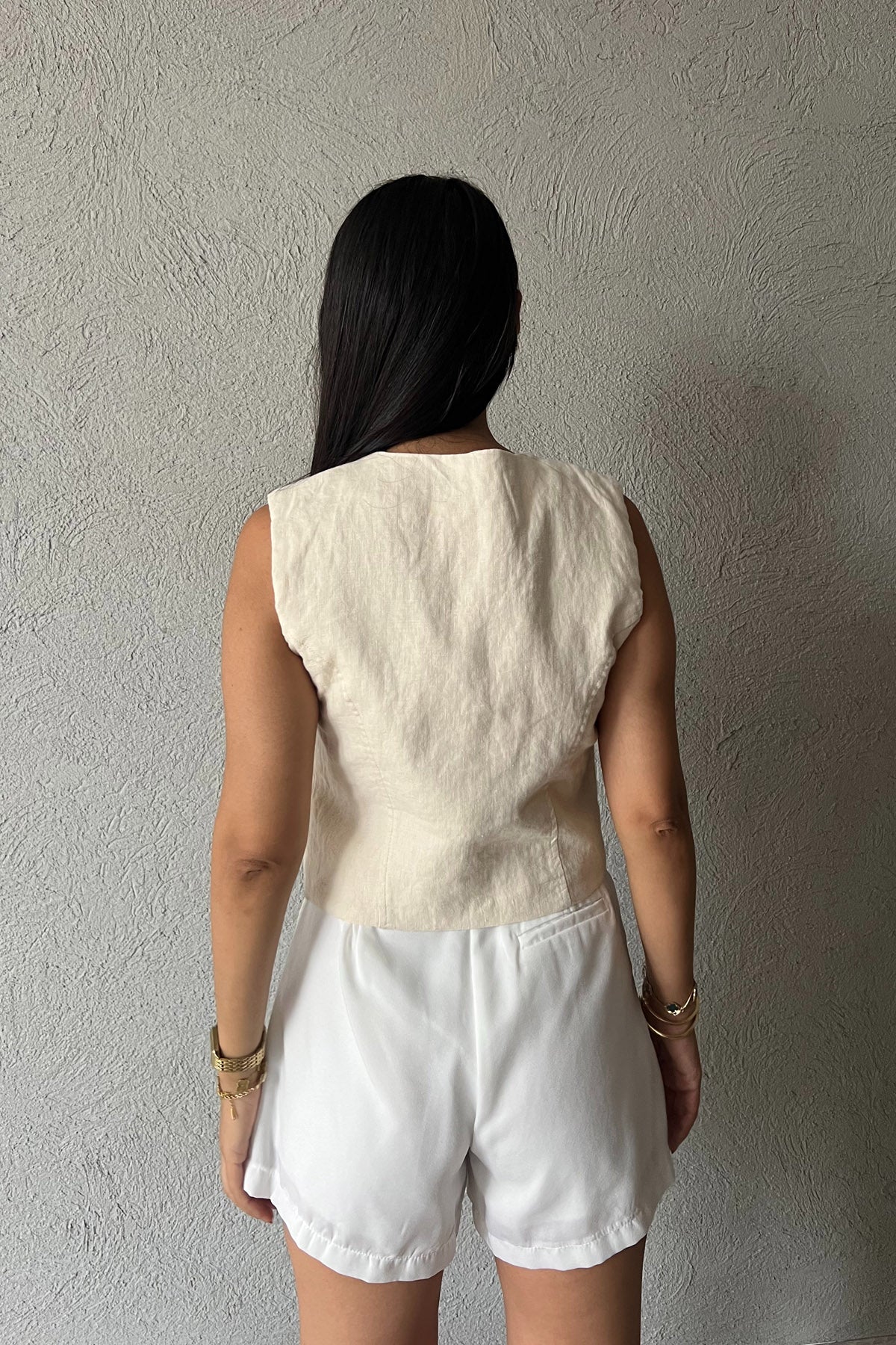 Krem Düğmeli Keten Yelek SY-2229-Krem