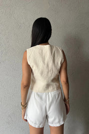 Krem Düğmeli Keten Yelek SY-2229-Krem