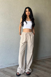 Bej Yama Cep Detaylı Bol Paça Keten Pantolon SY-2041-Bej