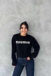 Siyah Morris Yazı Baskılı Crop Kazak SY-2464-Siyah