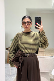 Kahve-Yeşil Biisiklet Yaka Çizgili Likralı Uzun Kollu T-Shirt SY-3645-Yeşil