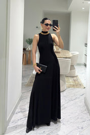 Siyah Balıkçı Yaka Maxi Boy Dökümlü Şık Kadın Elbise SY-3632-Siyah