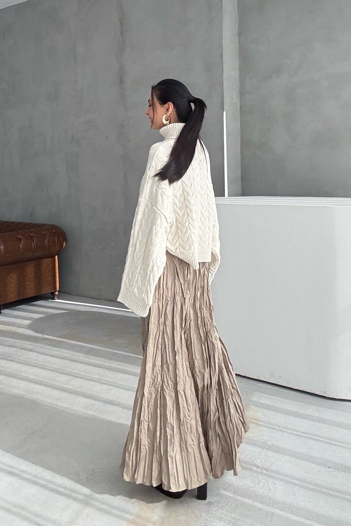 Vizon Kırışık Görünümlü Uzun Etek SY-3464-Vizon