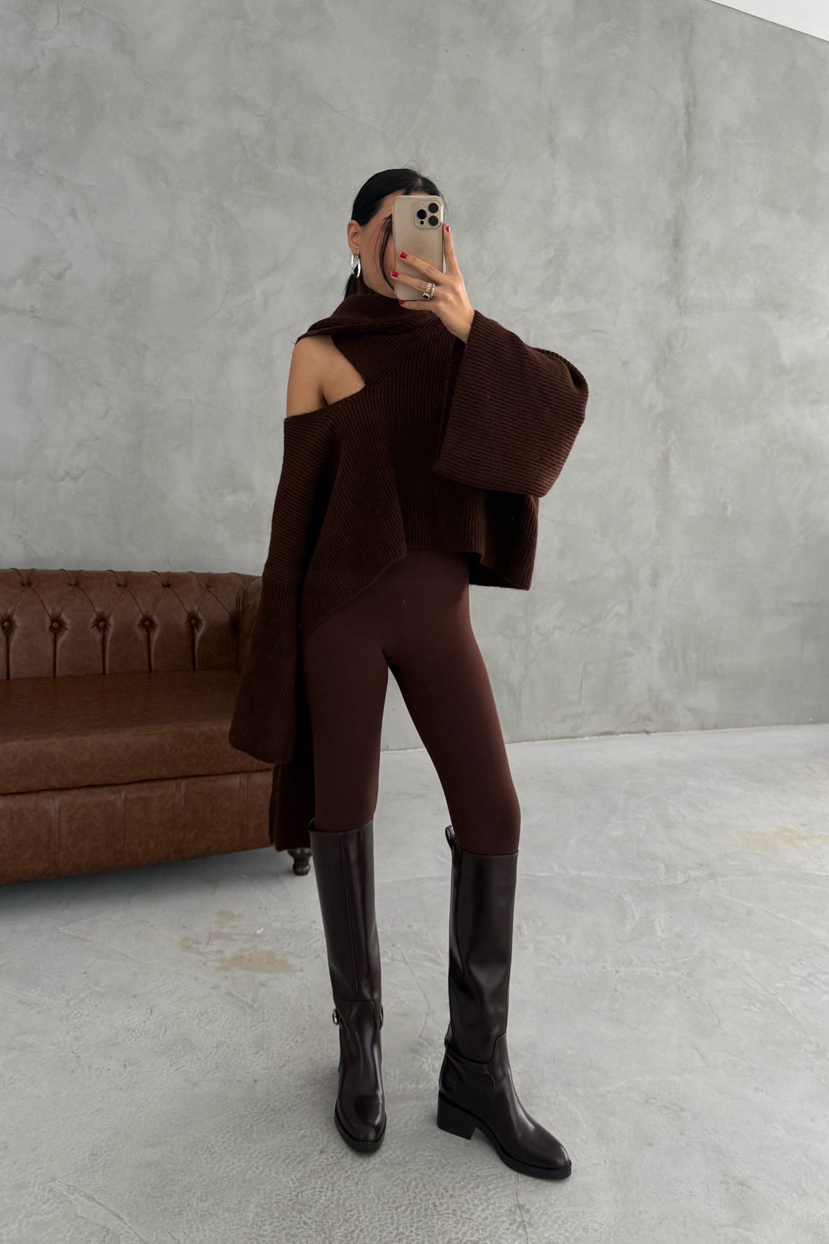 Kahve Şal Detaylı Triko Kazak SY-3427-Kahve