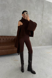 Kahve Şal Detaylı Triko Kazak SY-3427-Kahve