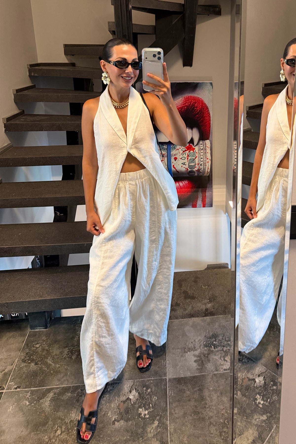 %100 Keten Beyaz Yelek Pantolon Takım SY-3763-Beyaz