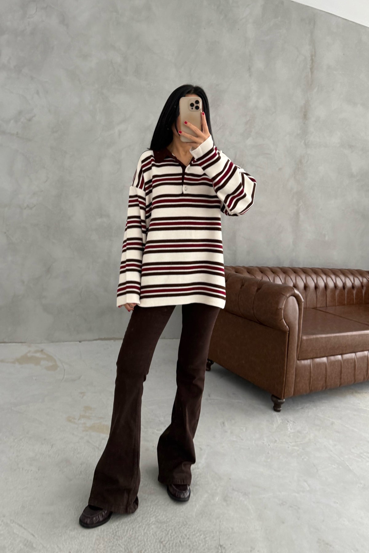 Kahve-Ekru Polo Yaka Çizgili Kazak SY-3475-Kahverengi