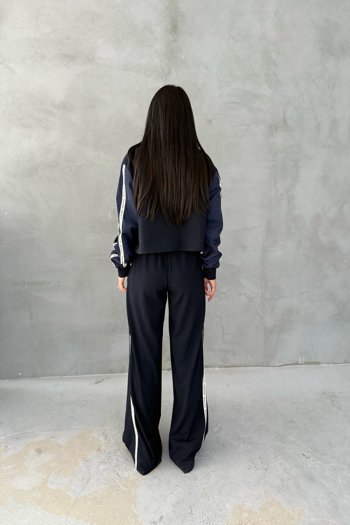 Lacivert Şerit Yazı Detaylı Yüksek Bel Pantolon SY-3392-Lacivert