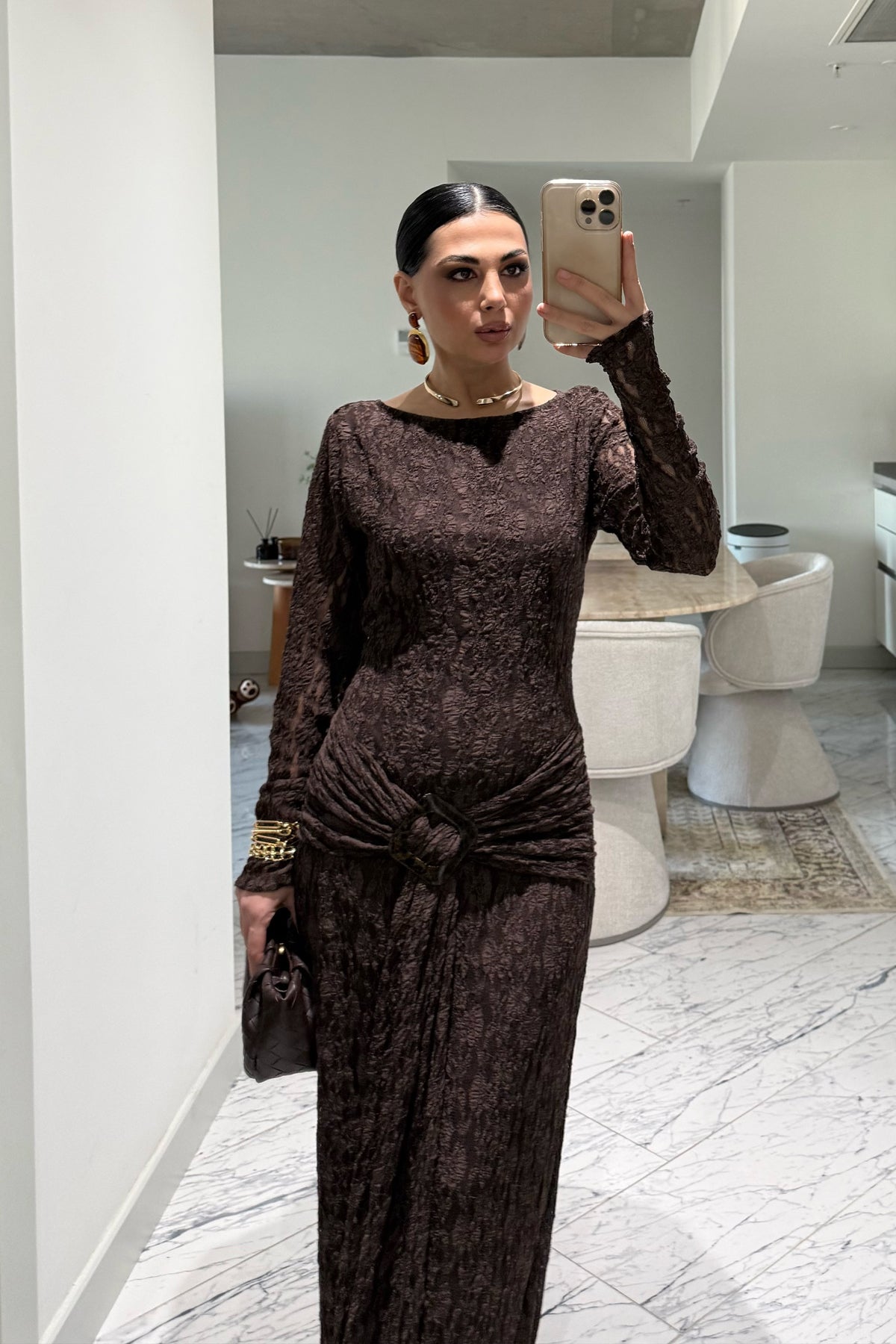 Kahve Toka Detaylı Dantel Uzun Elbise SY-3547-Kahverengi