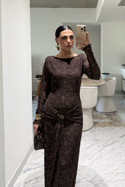 Kahve Toka Detaylı Dantel Uzun Elbise SY-3547-Kahverengi