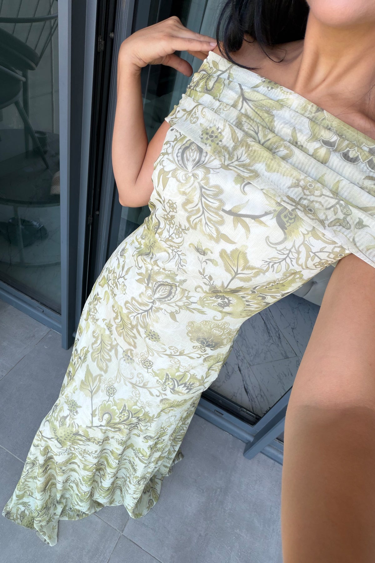 Yeşil Çiçek Motifli Tül Maxi Elbise SY-3794