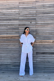 Beyaz Belden Bağlama Detaylı Keten Takım SY-2189-Beyaz