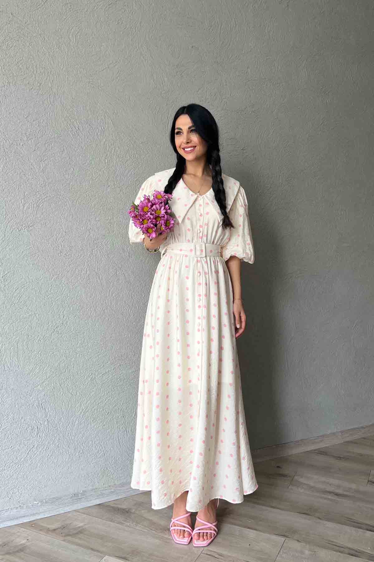 Pembe Puantiye Desenli Düğme Detaylı Balon Kol Elbise SY-1790-Pembe