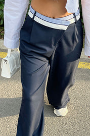 Mavi Çizgili Beyaz Crop Gömlek ve Ters Kemer Pantolon Takım SY-1212-Mavi