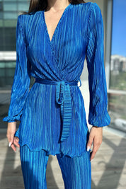Saks Mavisi Piliseli Kuşaklı Bluz ve Pantolon Takım SY-0411-Saks Mavisi
