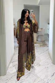 Premium Desenli Kimono Üçlü Takım SY-3818-Kahverengi