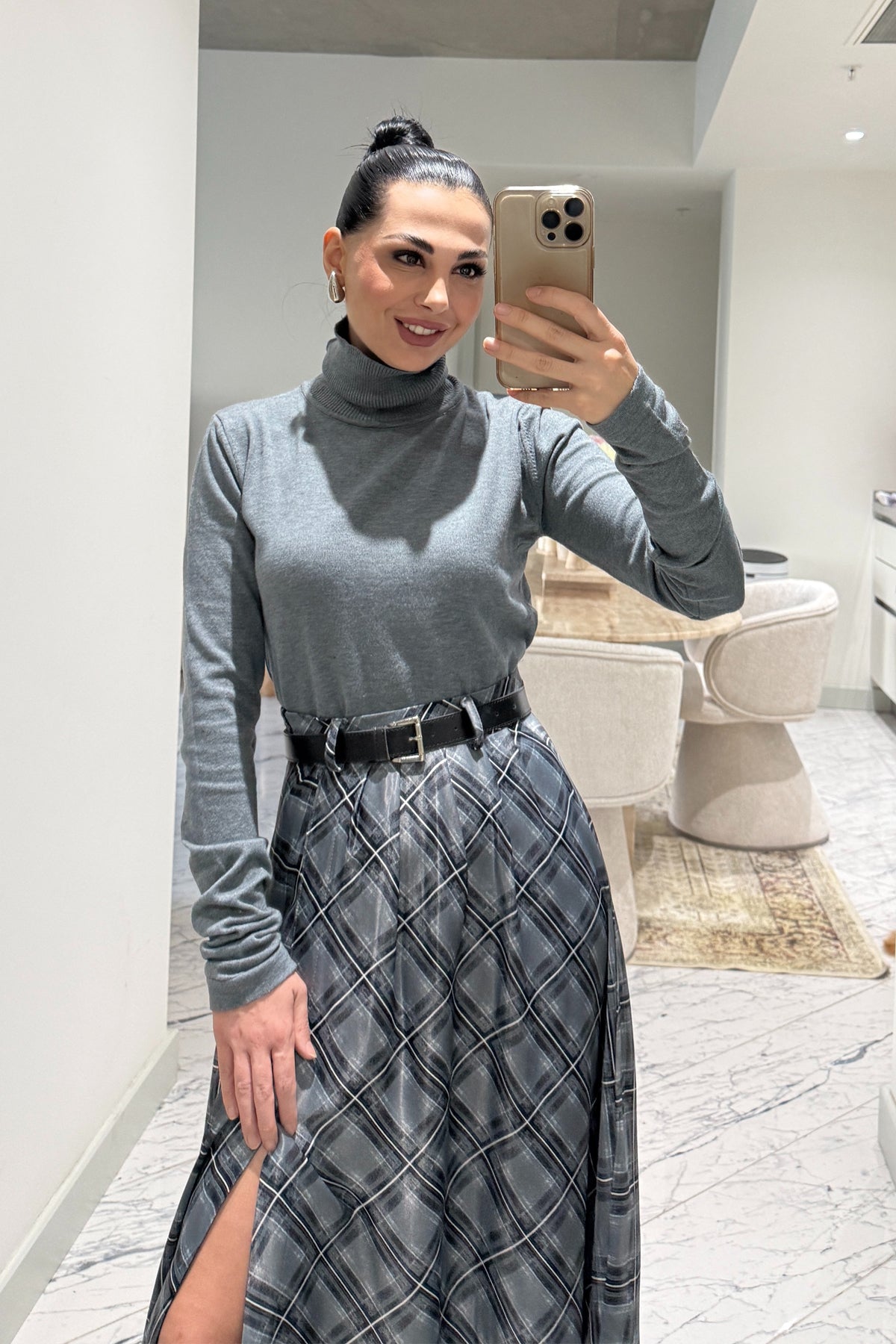 Gri Kare Detaylı Kemerli Etek SY-3573-Gri