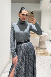 Gri Kare Detaylı Kemerli Etek SY-3573-Gri