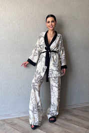 Ekru Garnili Kimono ve Beli Lastikli Pantolon Takım SY-0684-Ekru