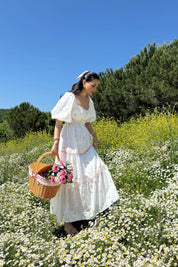 Beyaz Pembe Çiçekli Balon Kol Elbise SY-2267-Beyaz