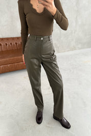 Haki Deri Düz Kesim Pantolon SY-3453-Haki