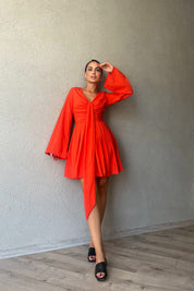 Mercan Mallorca Flare Kollu Yakası Detaylı Elbise SY-2374-Mercan