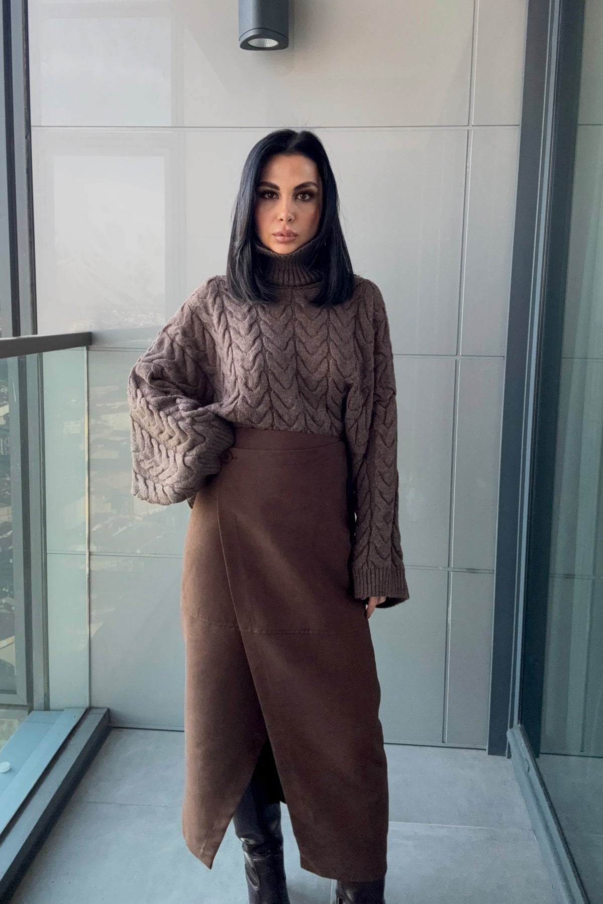 Süet Anvelop Kahverengi Midi Etek SY-3473-Kahverengi