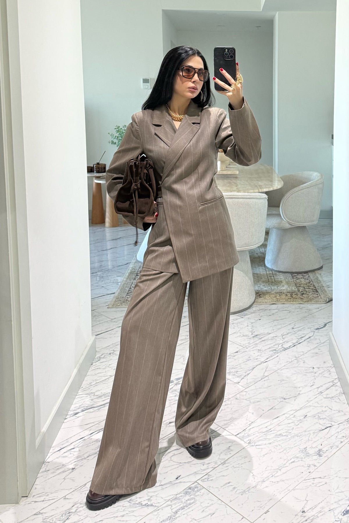 Bej Çizgili Bağlamalı Ceket Ve Pantolon Takım SY-3650-Bej