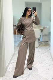 Bej Çizgili Bağlamalı Ceket Ve Pantolon Takım SY-3650-Bej
