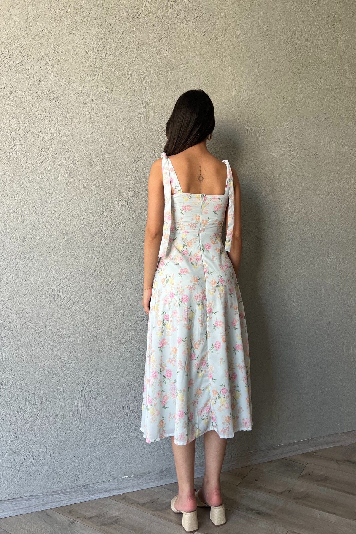 Yeşil Çiçek Desenli Omuzdan Bağlamalı Elbise SY-2174-Yeşil