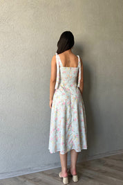 Yeşil Çiçek Desenli Omuzdan Bağlamalı Elbise SY-2174-Yeşil