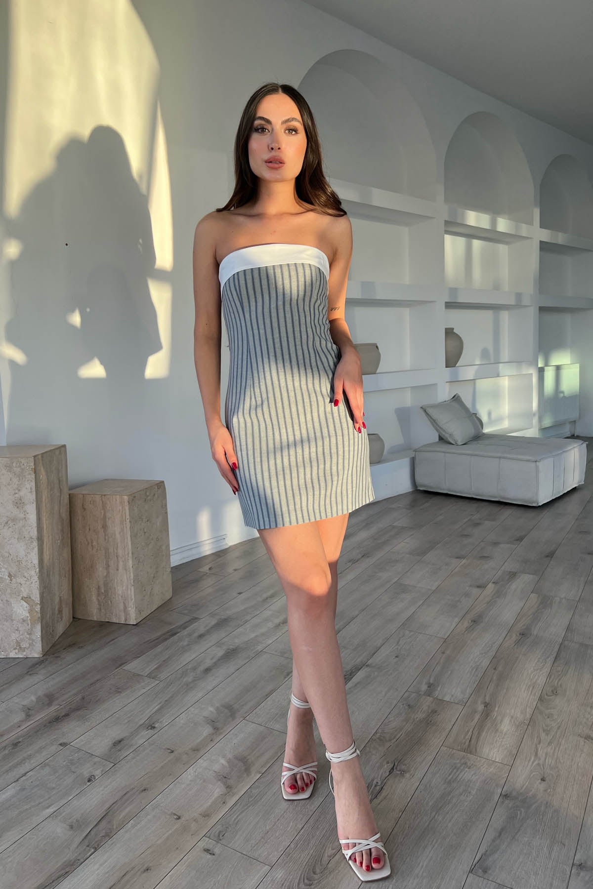 Gri Çizgili Straplez Detaylı Mini Elbise SY-1734-Gri