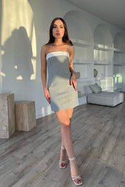 Gri Çizgili Straplez Detaylı Mini Elbise SY-1734-Gri