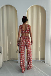 Renkli Geniş Paça Pantolon ve Gold Aksesuarlı Bustiyer Takım SY-3251-Renkli