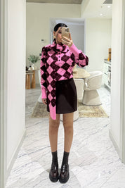 Kendinden Şallı Baklava Desenli Polo Yaka Triko SY-3563-Pembe