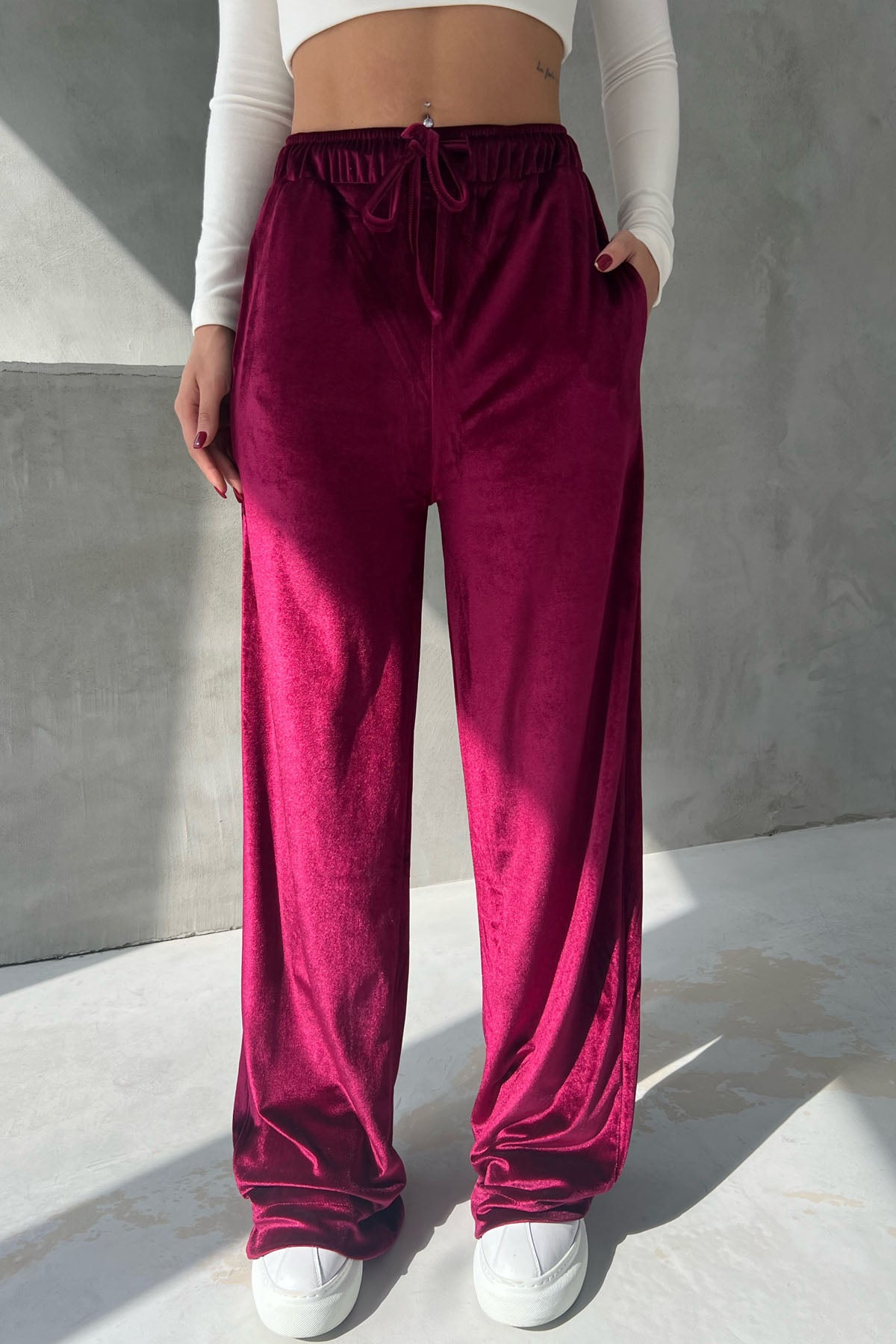 Bordo Paine Kadife Beli Lastikli Pantolon SY-2645-Bordo