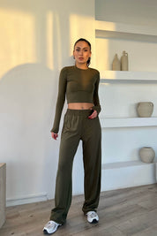 Haki Dalkıç Kumaş Basic Jogger Crop Pantolon Takım SY-1705-Haki