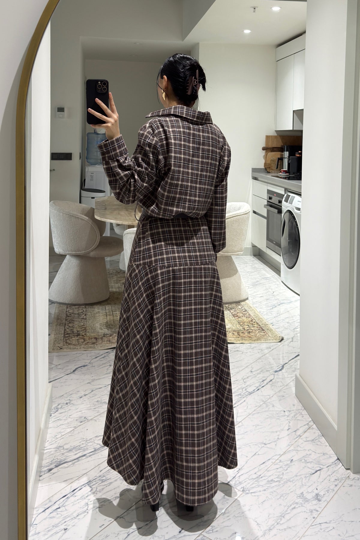 Gömlek Yaka Beli Kemerli Kahve Ekoseli Elbise SY-3611-Kahverengi