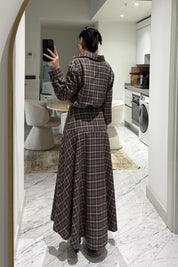 Gömlek Yaka Beli Kemerli Kahve Ekoseli Elbise SY-3611-Kahverengi