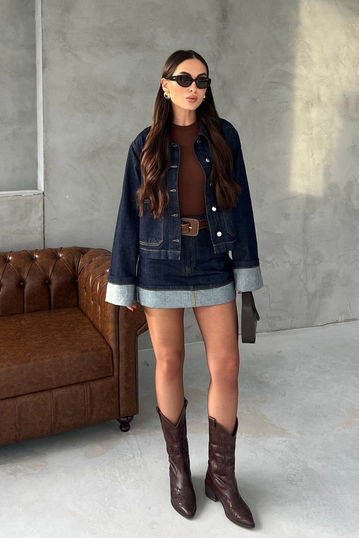 Lacivert Rahat Kesim Denim Ceket ve Etek Takım SY-2933-Lacivert