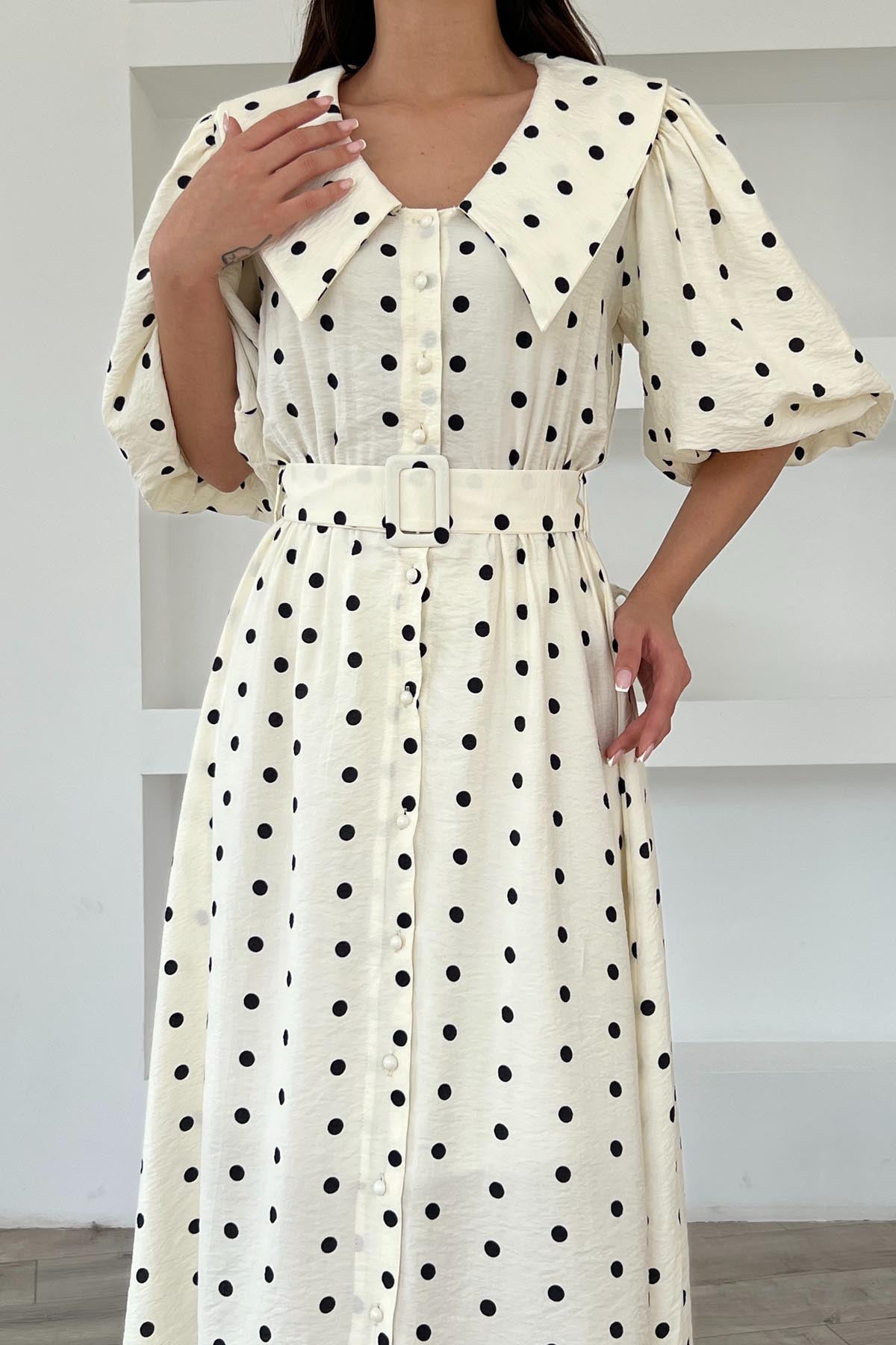 Bej Puantiye Desenli Düğme Detaylı Balon Kol Elbise SY-1790-Bej