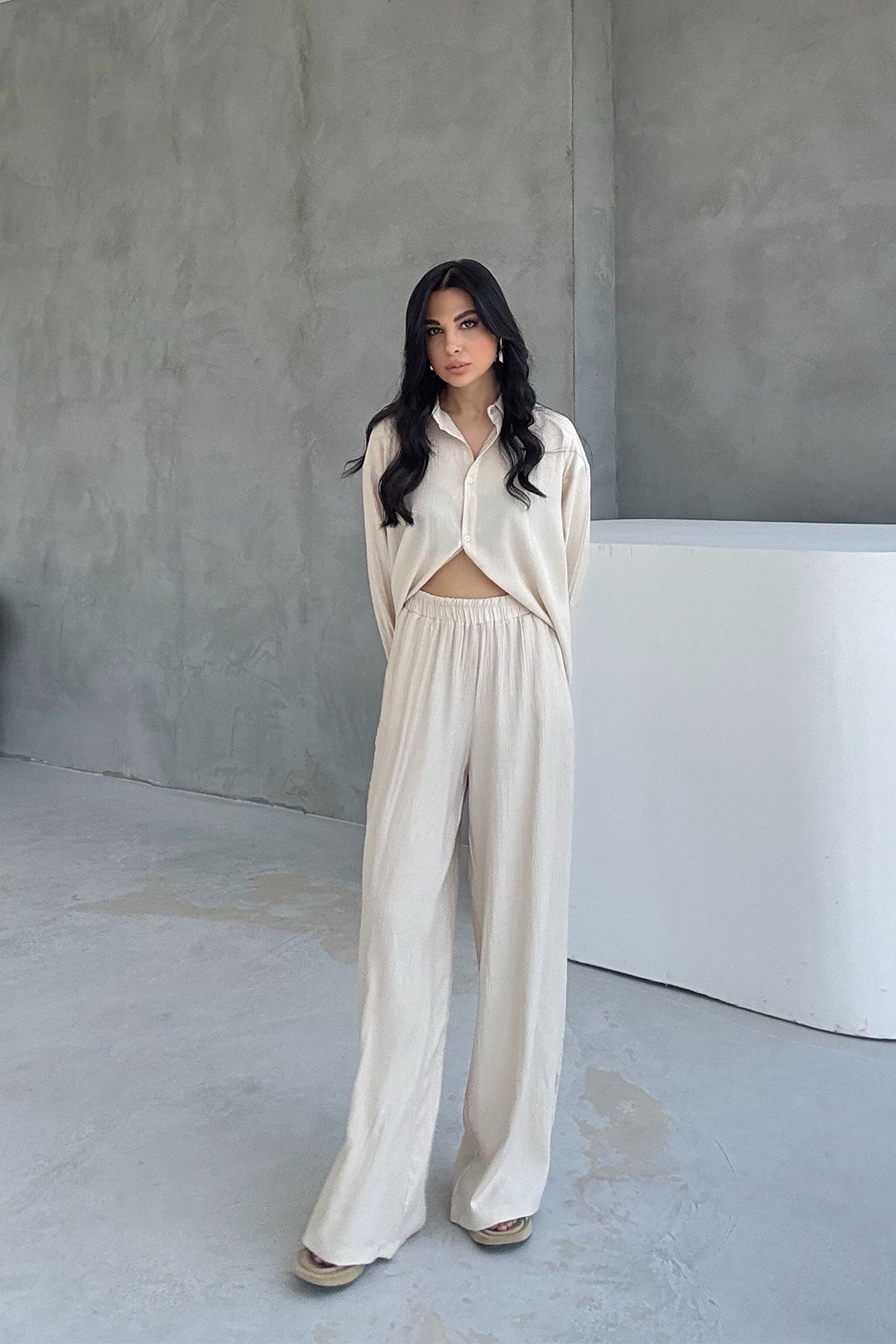 Bej Alice Gömlek Ve Bol Kesim Pantolon Takım SY-3095-Bej