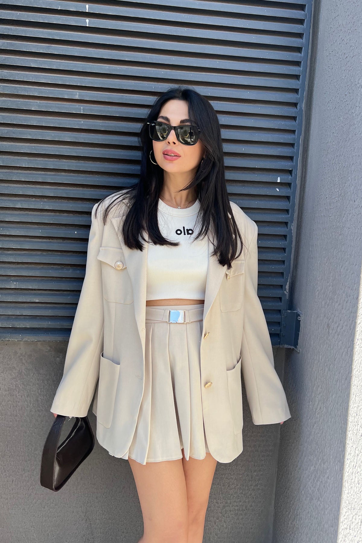 Bej Premium Gold Düğme detaylı Ceket ve Etek Takım SY-0982-Bej