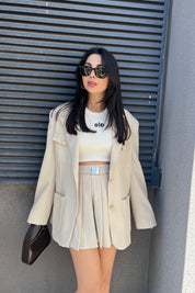 Bej Premium Gold Düğme detaylı Ceket ve Etek Takım SY-0982-Bej