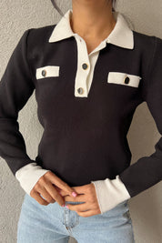 Siyah Düğme Detaylı Patlı Cepli Kazak SY-1163-Siyah